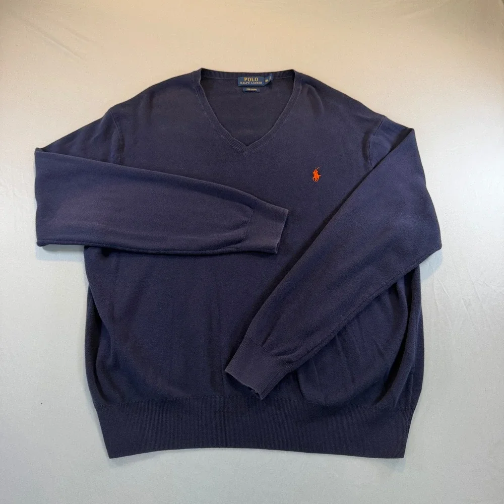 Polo Ralph Lauren Mens XL Navy Blue Pima Cotton V-Neck Sweater Orange Pony Logo
